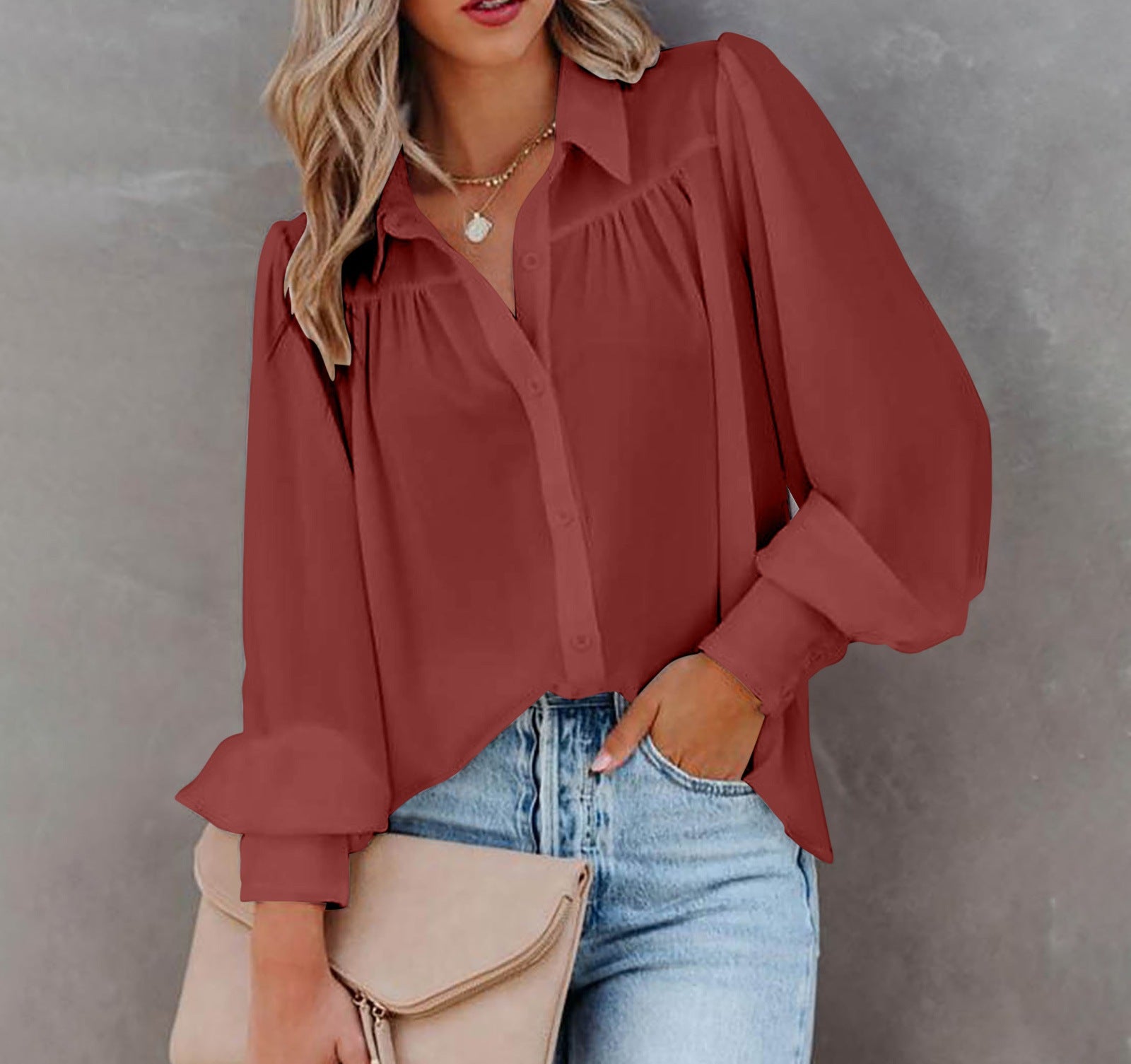 WOMEN long-sleeved button-down top lantern sleeve pleated solid color stand-up collar loose shirt women's