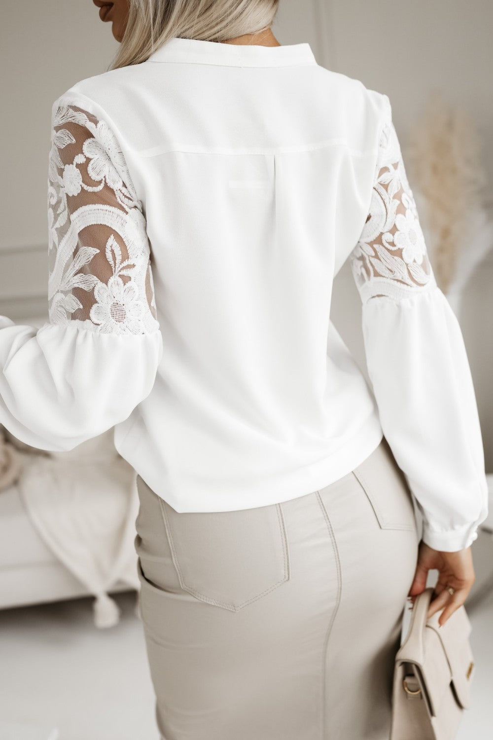 Women's Autumn/Winter Lace Stitching Blouse - Solid Color Long Sleeve Elegant Shirt