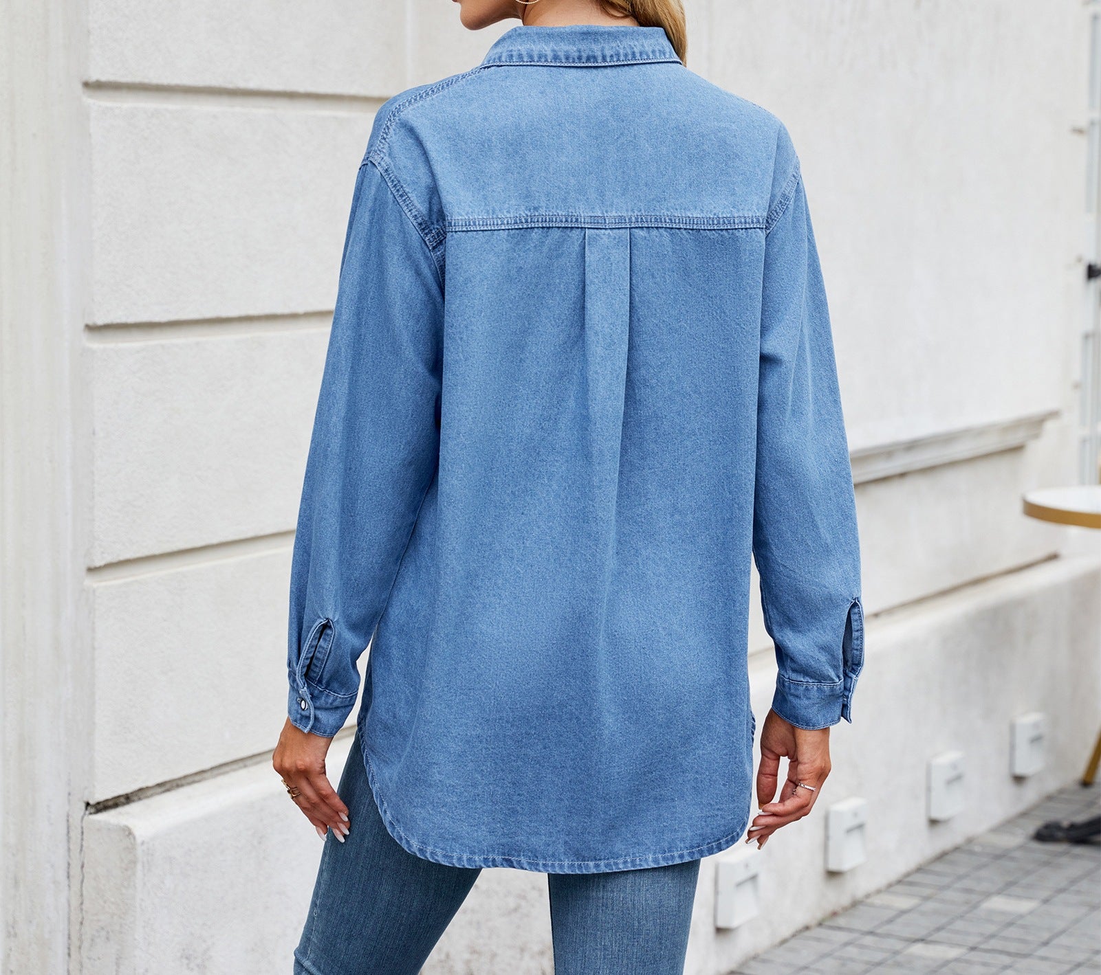 Women's Washed Denim Shirt - Spring & Summer Loose Fit Top with Adjustable Sleeves