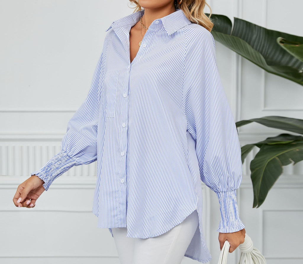 Women's Loose Striped Shirt - Cross-Border Fashion Top with Pleated Cuffs & Relaxed Fit