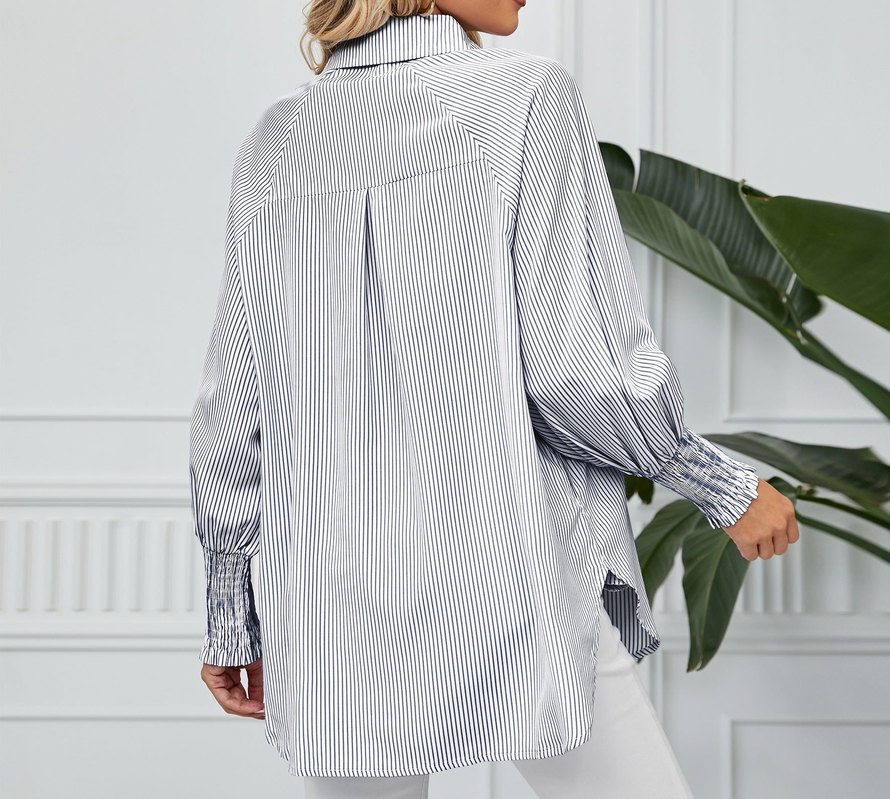 Women's Loose Striped Shirt - Cross-Border Fashion Top with Pleated Cuffs & Relaxed Fit