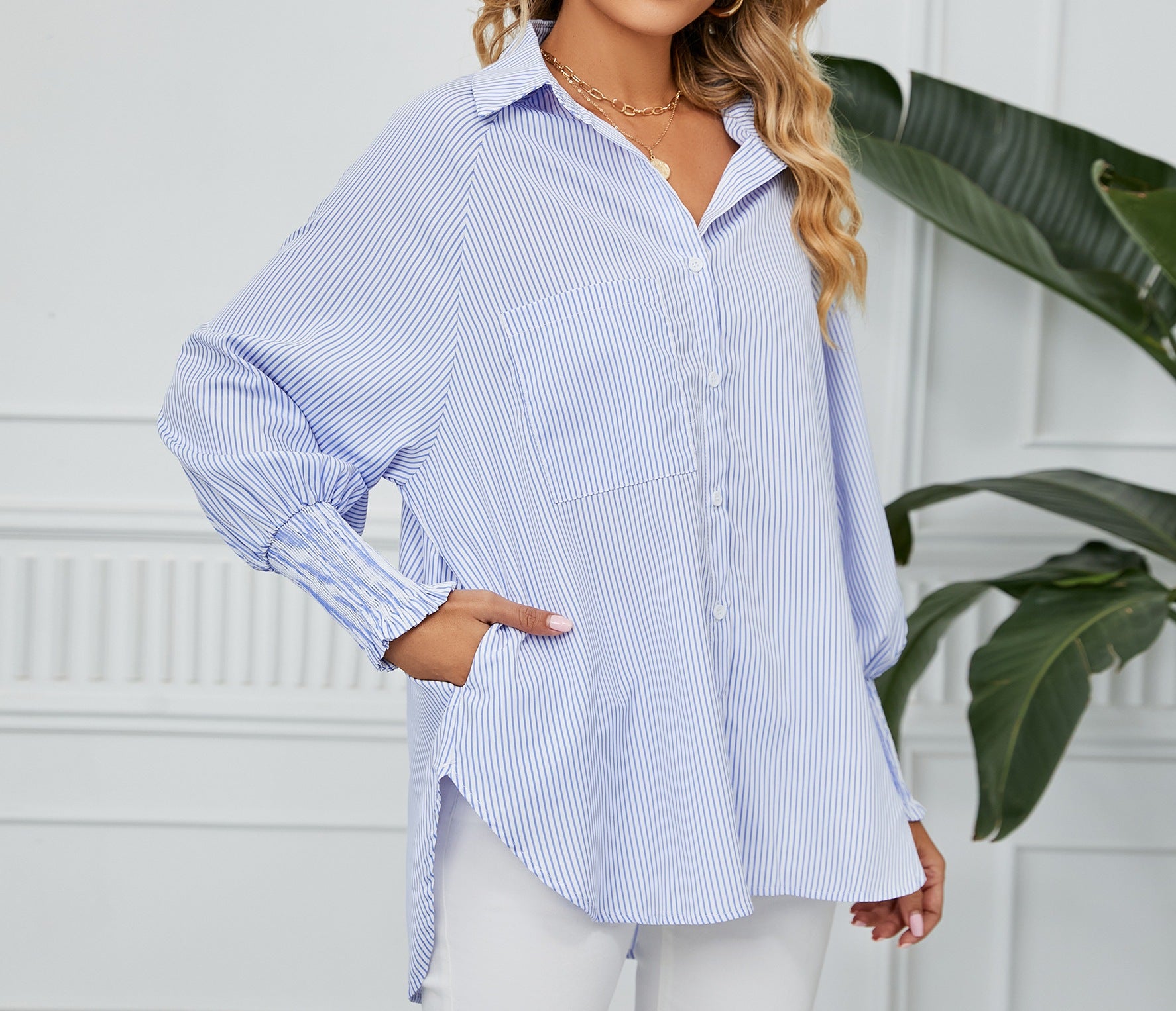 Women's Loose Striped Shirt - Cross-Border Fashion Top with Pleated Cuffs & Relaxed Fit