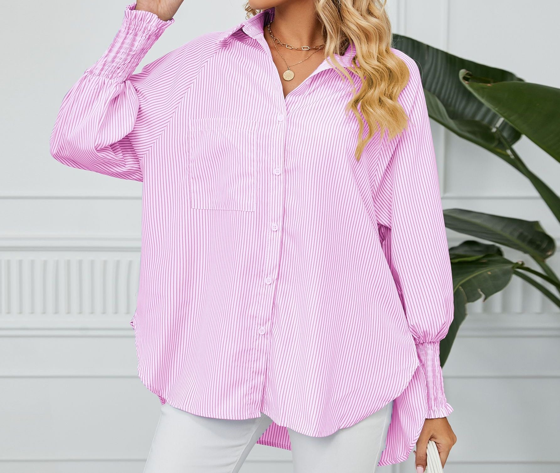 Women's Loose Striped Shirt - Cross-Border Fashion Top with Pleated Cuffs & Relaxed Fit