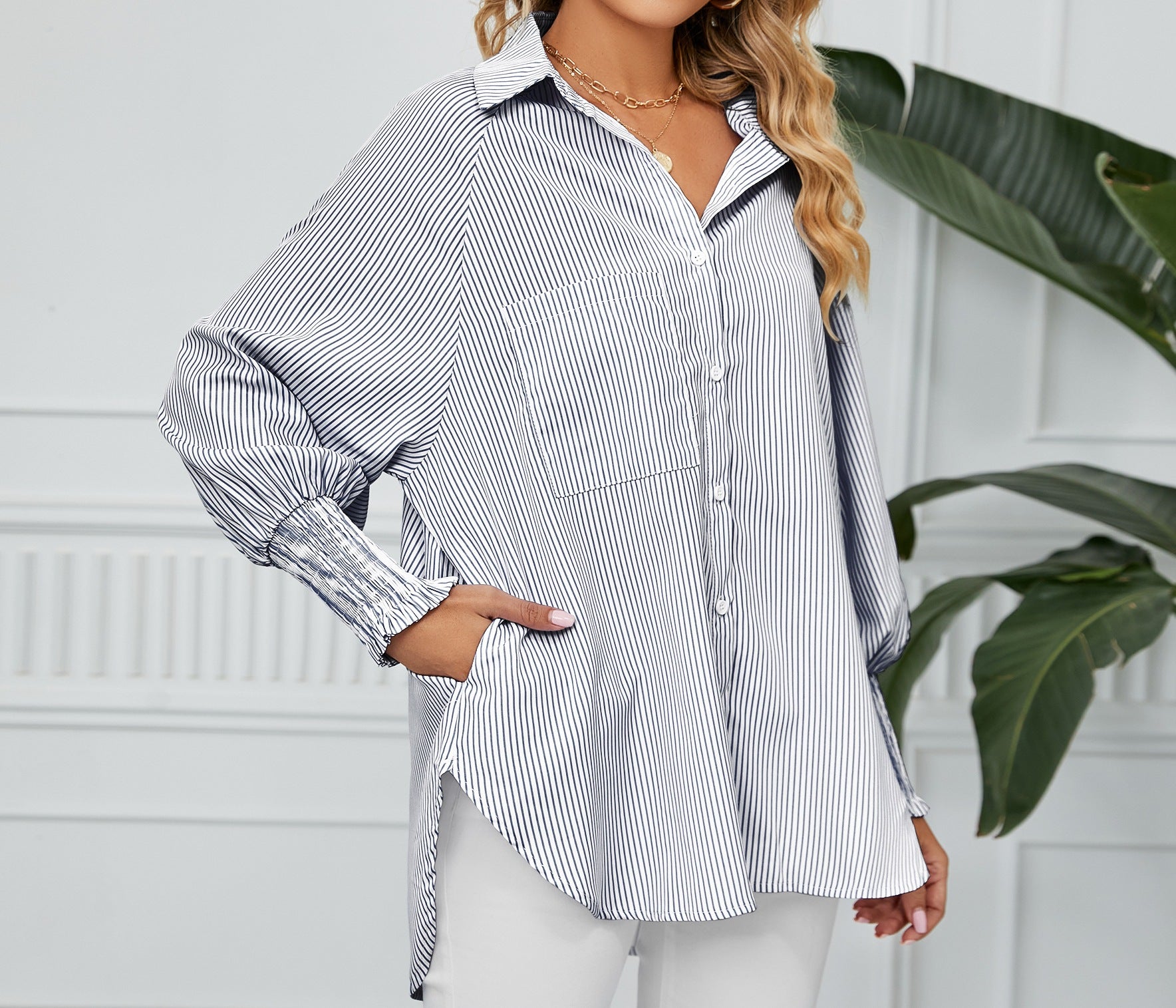 Women's Loose Striped Shirt - Cross-Border Fashion Top with Pleated Cuffs & Relaxed Fit