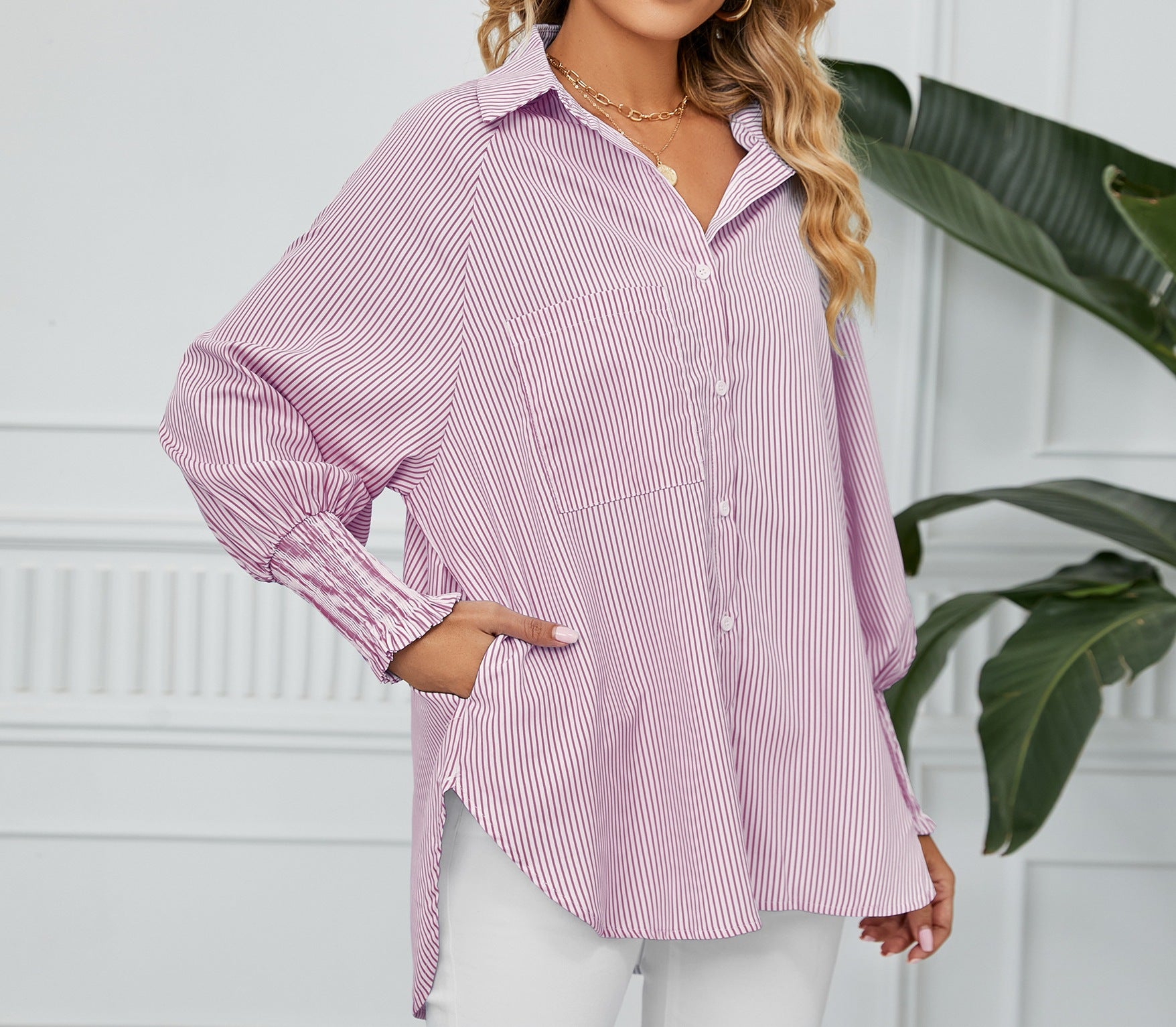 Women's Loose Striped Shirt - Cross-Border Fashion Top with Pleated Cuffs & Relaxed Fit