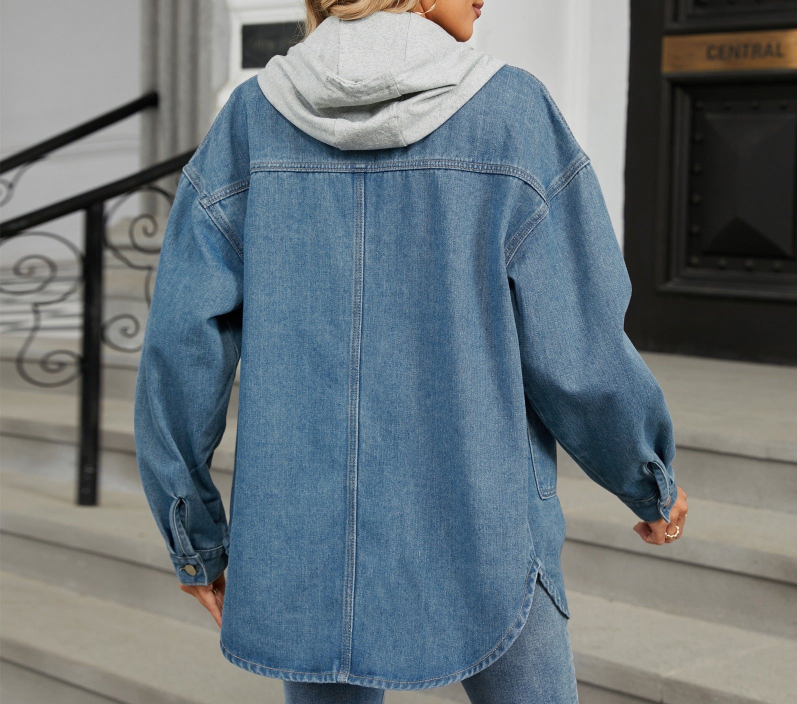 Women's Washed Denim Hooded Jacket - Loose Fit Long Sleeve Casual Outerwear Top