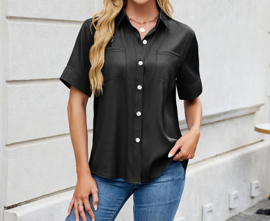Women's Imitation Denim Short-Sleeved Shirt - Spring & Summer Loose Fit Button-Down Top