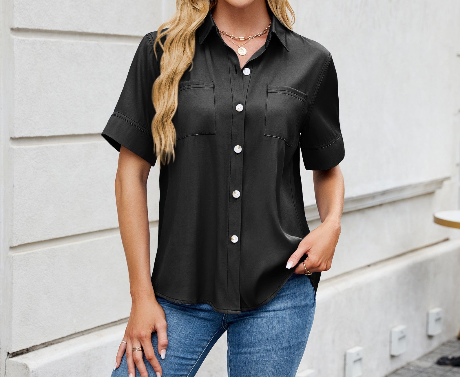 Women's Imitation Denim Short-Sleeved Shirt - Spring & Summer Loose Fit Button-Down Top