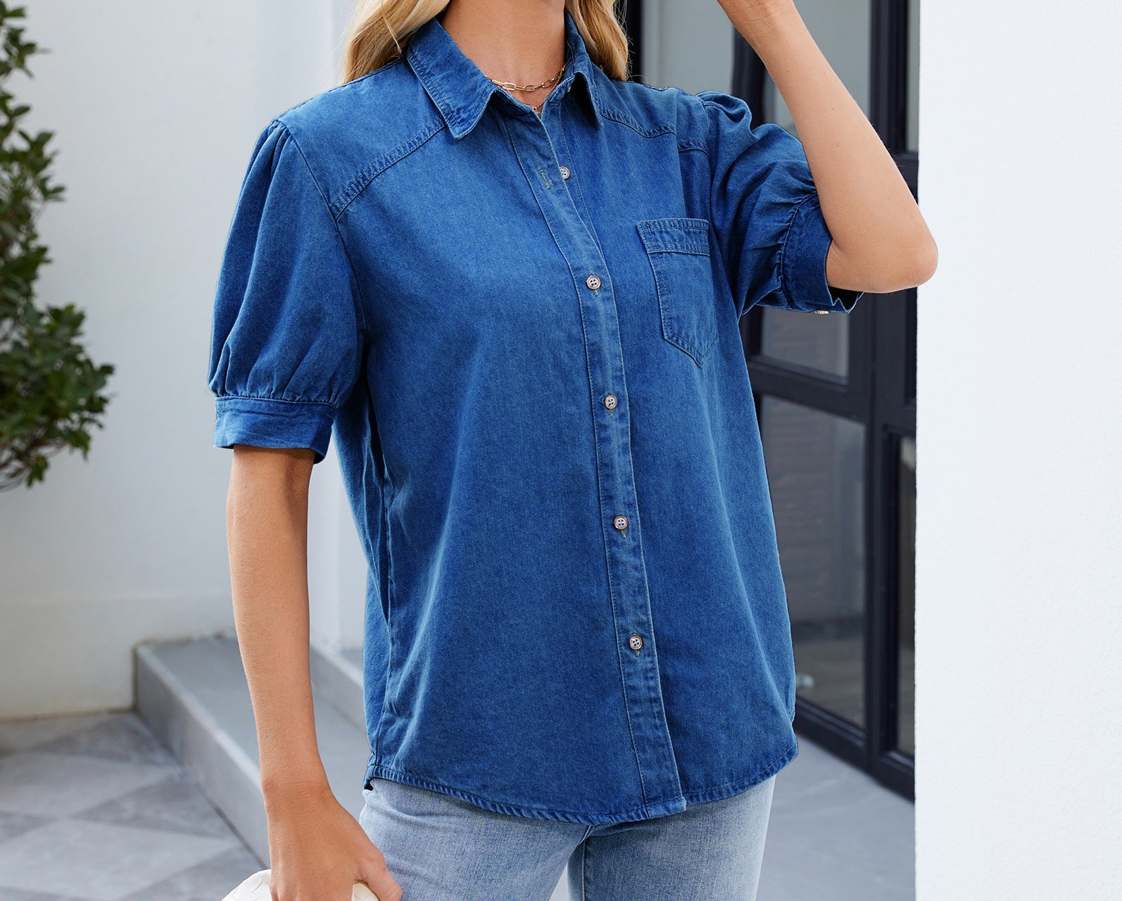 Women's Thin Denim Shirt - Princess Sleeve Casual Top with Lapel | Trendy & Versatile