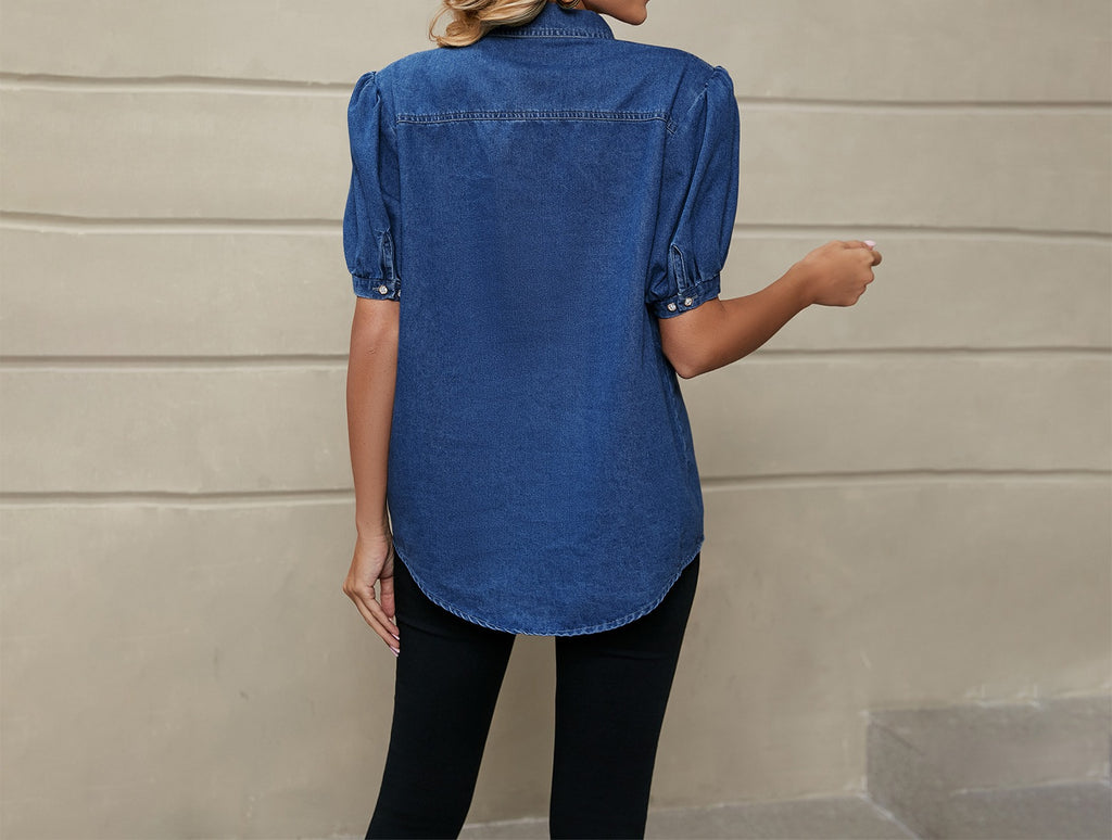 Women's Trendy Princess Sleeve Lapel Denim Shirt - Lightweight, Versatile Casual Top