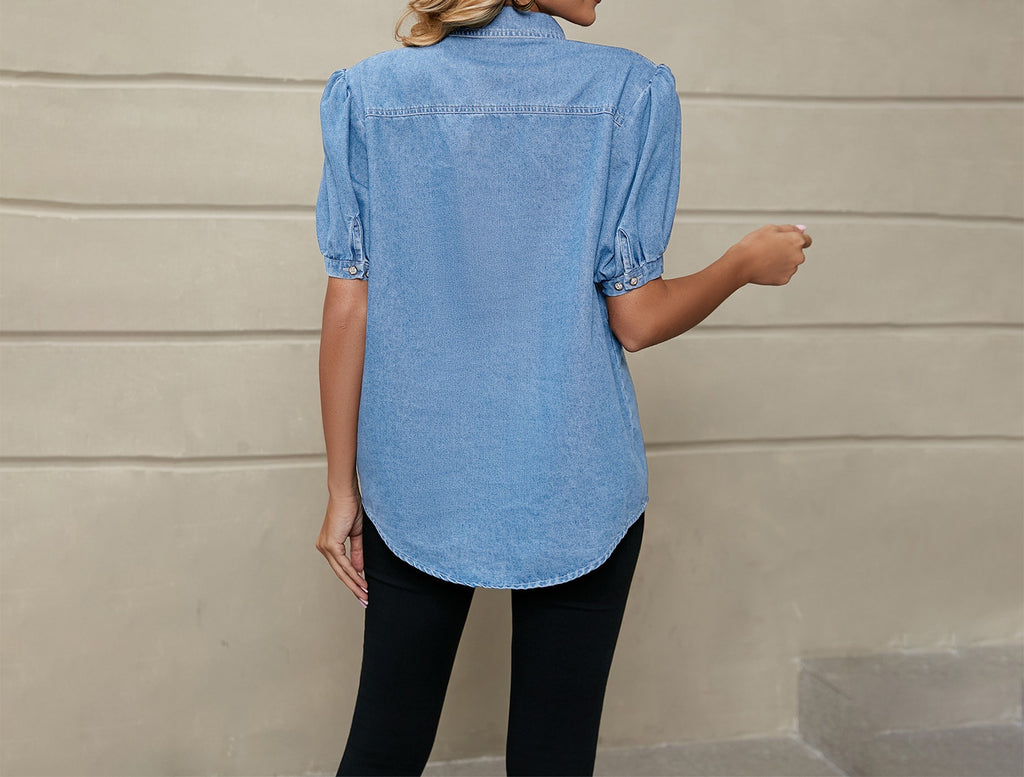 Women's Trendy Princess Sleeve Lapel Denim Shirt - Lightweight, Versatile Casual Top