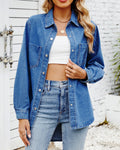 Women's Washed Denim Shirt - Loose Fit Long Sleeve Top with Four-Button Detail & Lining