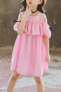 Kids Girls Cut Out Shoulder Striped Pattern Thin Lovely Dress