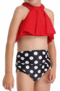 Kids Girls Printed Flouncing Top Polka Dot Bottom Swimsuit Set
