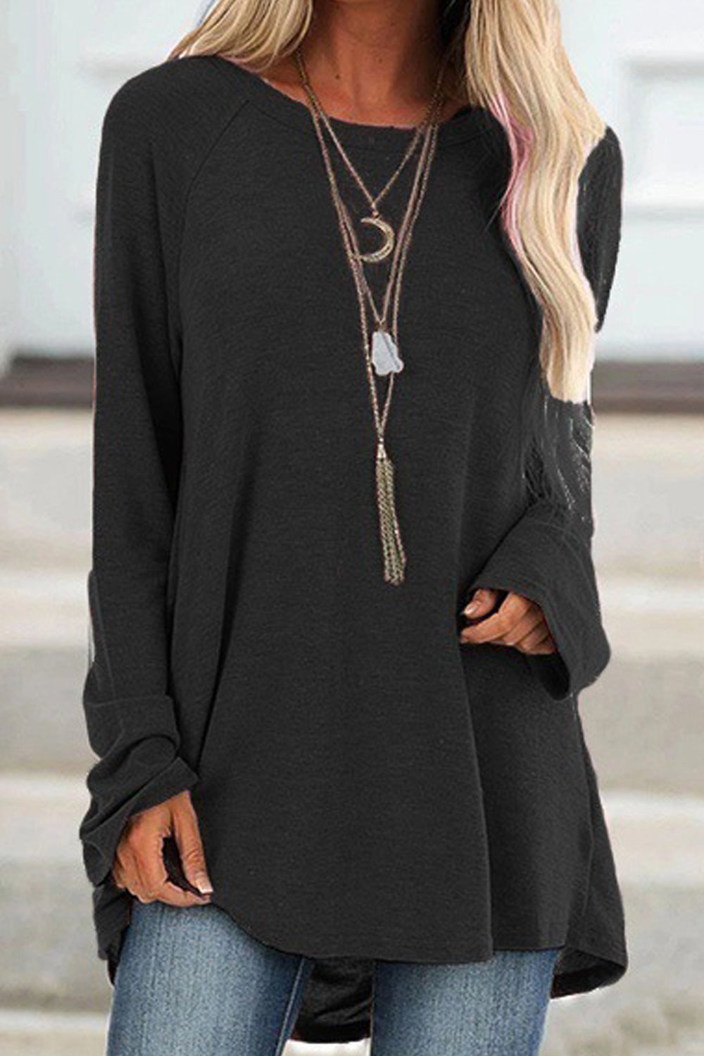 Women Loose Long Sleeve Amazing Solid Colored Round Neck Casual Soft Shirt