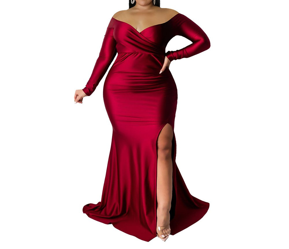 Elegant V-Neck Long Sleeve Slit Dress – Solid Color Autumn Winter Nightclub Dress for Women