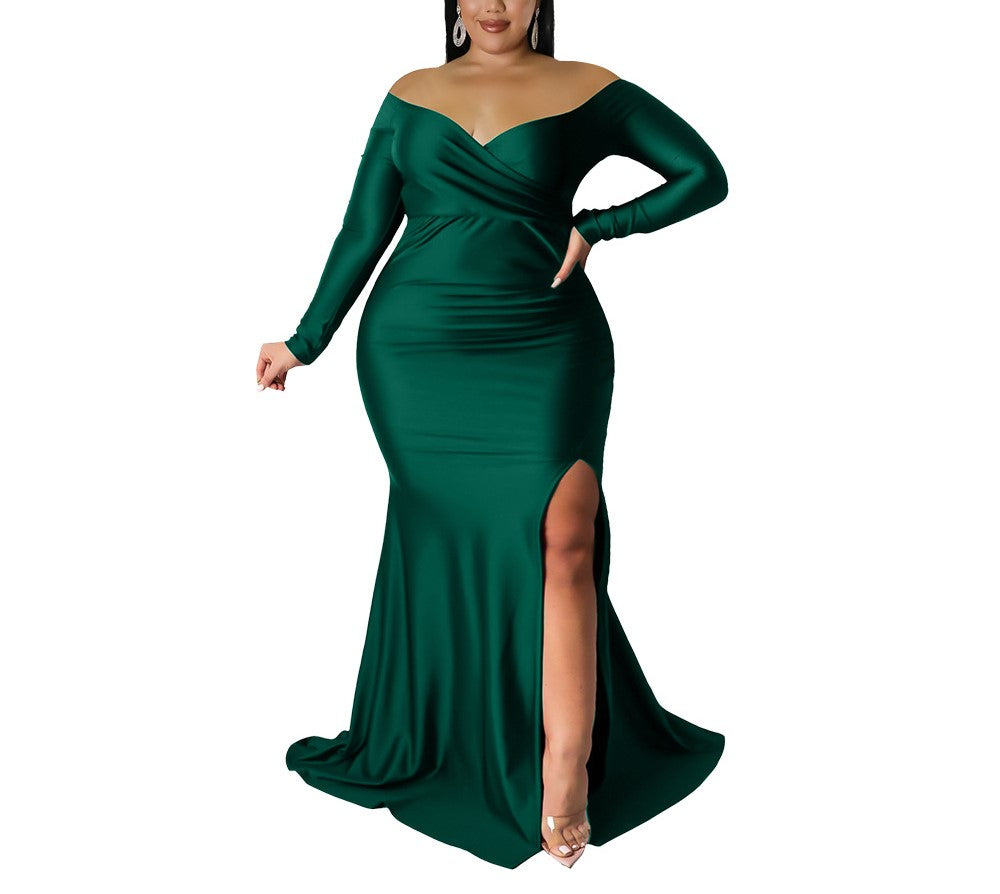 Elegant V-Neck Long Sleeve Slit Dress – Solid Color Autumn Winter Nightclub Dress for Women