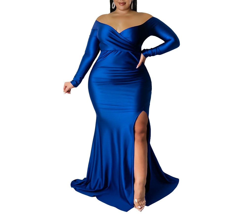 Elegant V-Neck Long Sleeve Slit Dress – Solid Color Autumn Winter Nightclub Dress for Women