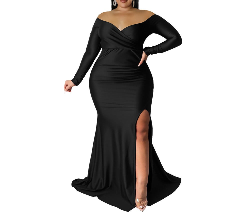 Elegant V-Neck Long Sleeve Slit Dress – Solid Color Autumn Winter Nightclub Dress for Women