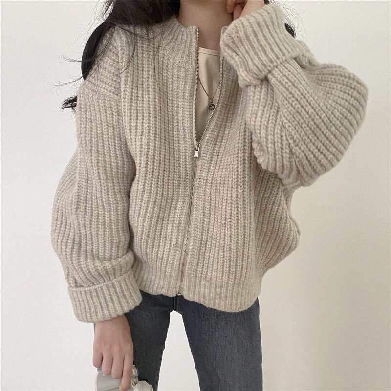 Women's Winter Knitted Cardigan Coat - Thick, Warm, Zippered, Solid Color, Versatile Outerwear