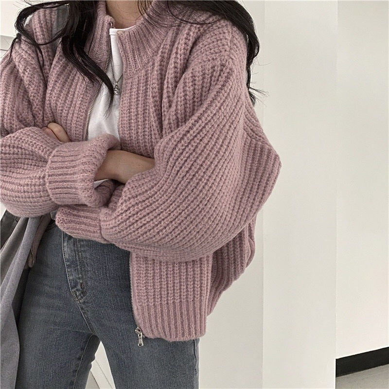 Women's Winter Knitted Cardigan Coat - Thick, Warm, Zippered, Solid Color, Versatile Outerwear