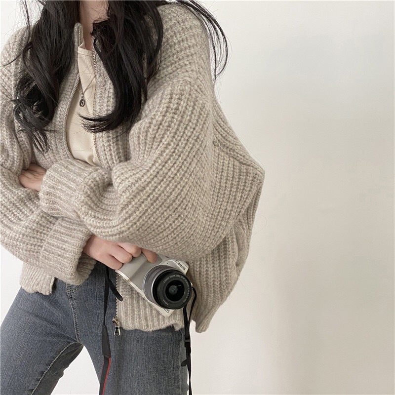 Women's Winter Knitted Cardigan Coat - Thick, Warm, Zippered, Solid Color, Versatile Outerwear