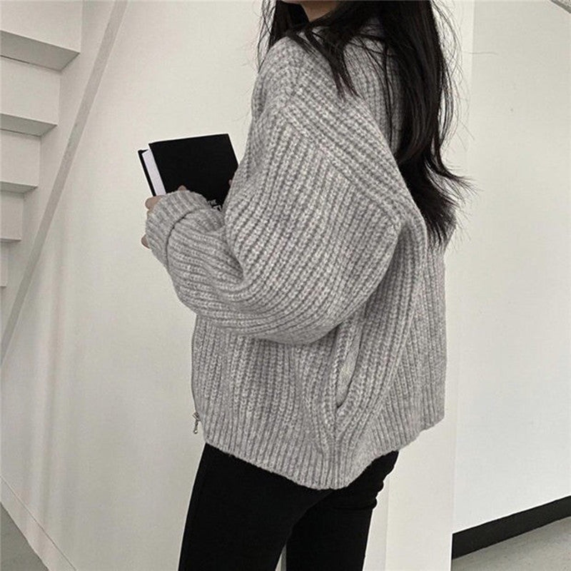 Women's Winter Knitted Cardigan Coat - Thick, Warm, Zippered, Solid Color, Versatile Outerwear