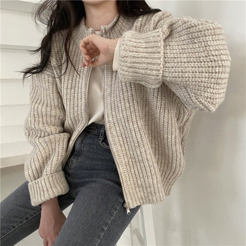 Women's Winter Knitted Cardigan Coat - Thick, Warm, Zippered, Solid Color, Versatile Outerwear
