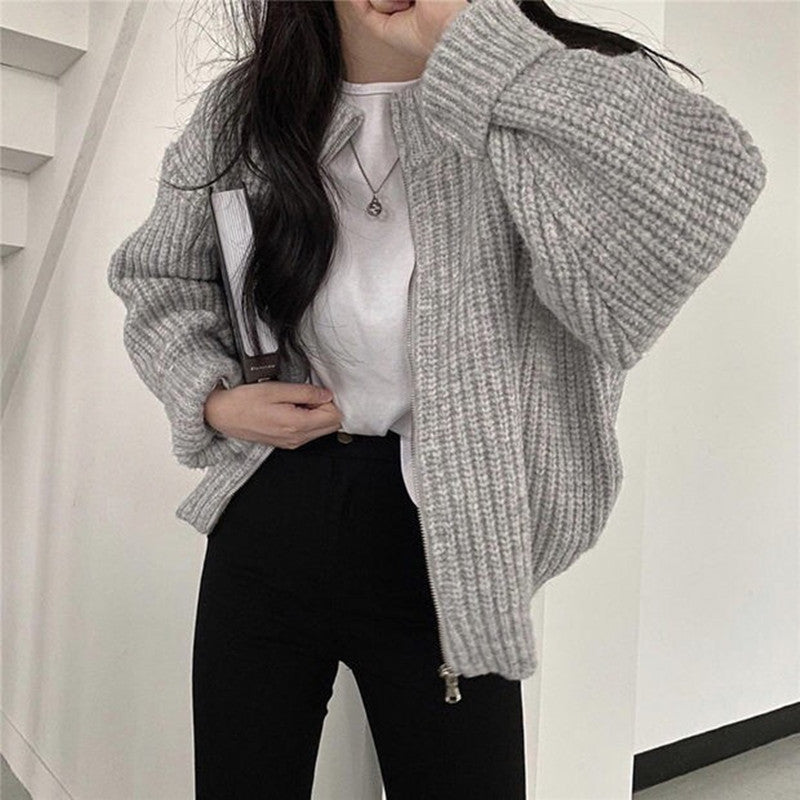 Women's Winter Knitted Cardigan Coat - Thick, Warm, Zippered, Solid Color, Versatile Outerwear