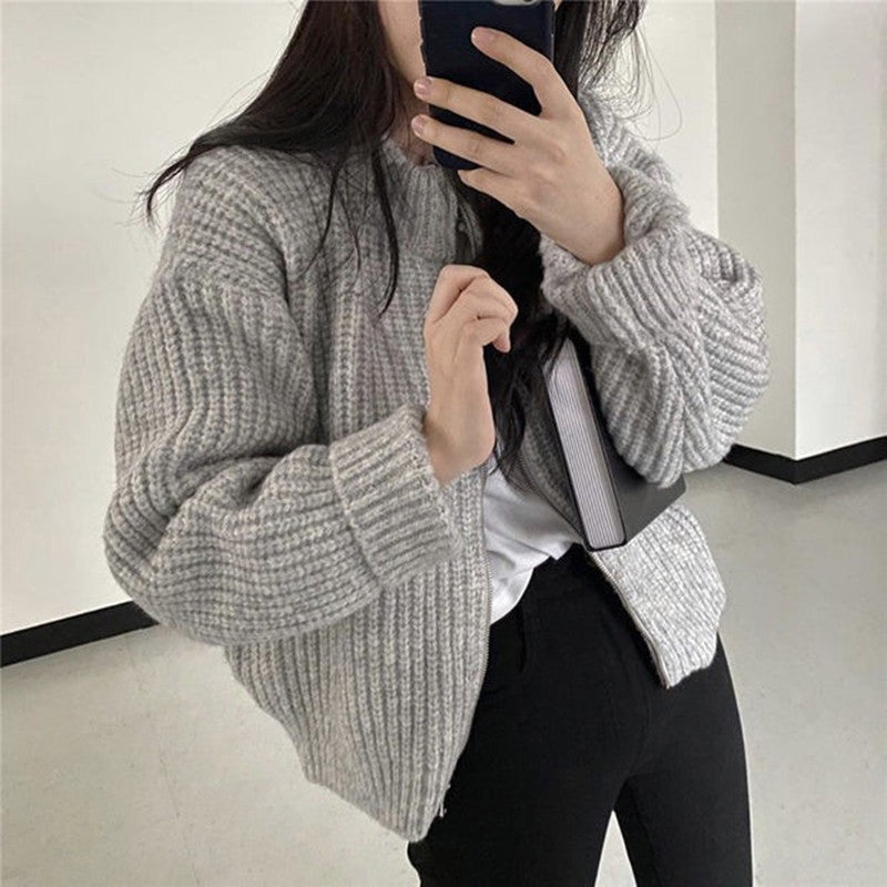 Women's Winter Knitted Cardigan Coat - Thick, Warm, Zippered, Solid Color, Versatile Outerwear