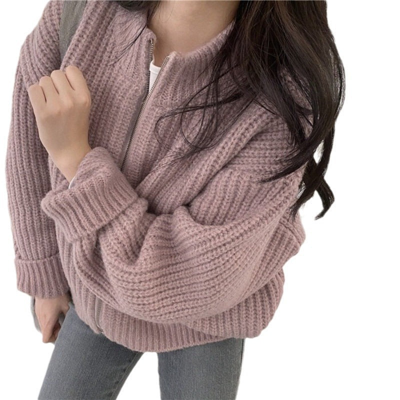 Women's Winter Knitted Cardigan Coat - Thick, Warm, Zippered, Solid Color, Versatile Outerwear