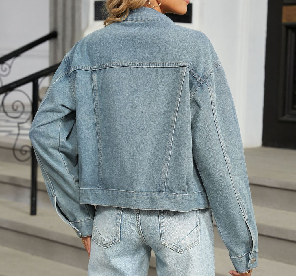 Women's Washed Diamond-Studded Denim Jacket - Autumn Fashion Statement Top