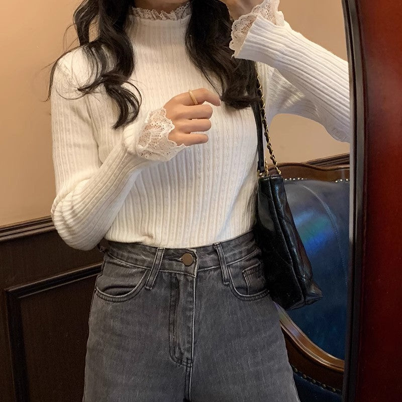 Women's Lace Stitching Half Turtleneck Sweater - Thickened Slim Fit Knitted Top for Autumn & Winter