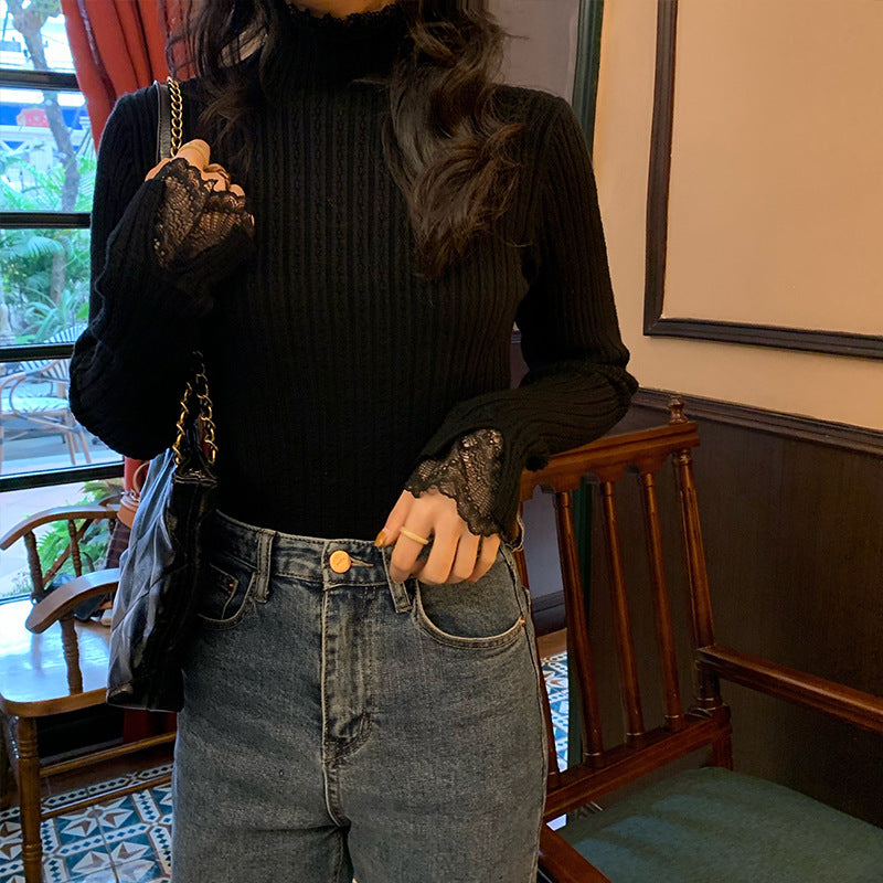 Women's Lace Stitching Half Turtleneck Sweater - Thickened Slim Fit Knitted Top for Autumn & Winter