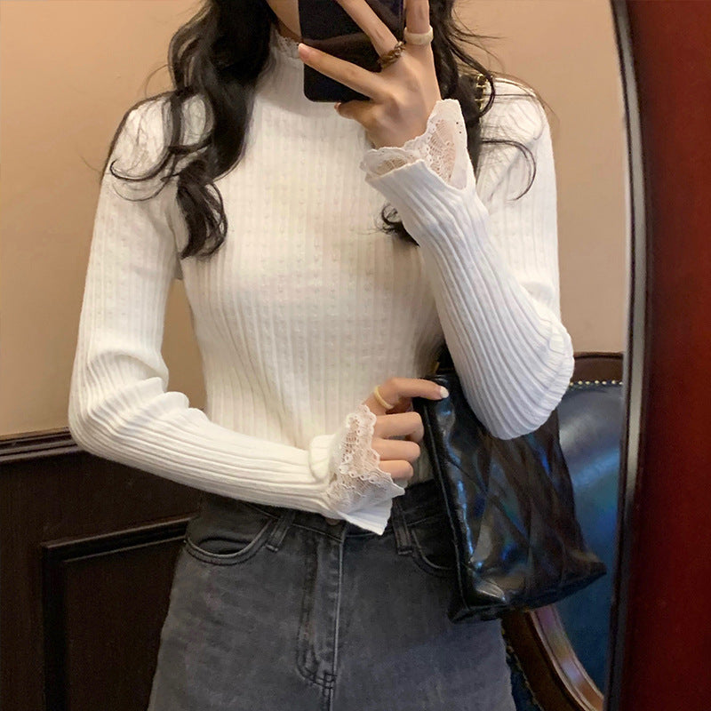Women's Lace Stitching Half Turtleneck Sweater - Thickened Slim Fit Knitted Top for Autumn & Winter