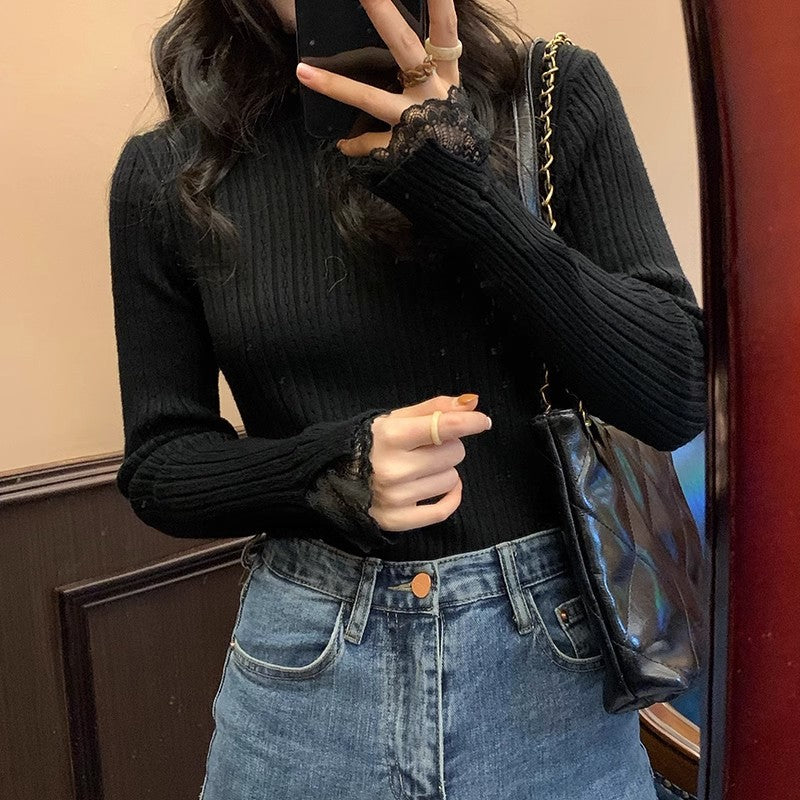 Women's Lace Stitching Half Turtleneck Sweater - Thickened Slim Fit Knitted Top for Autumn & Winter