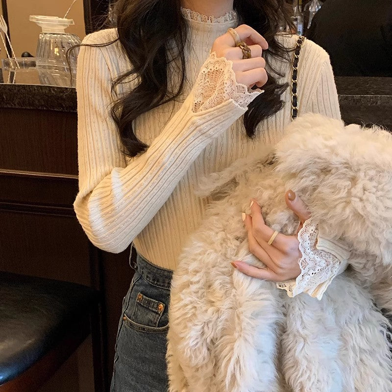 Women's Lace Stitching Half Turtleneck Sweater - Thickened Slim Fit Knitted Top for Autumn & Winter