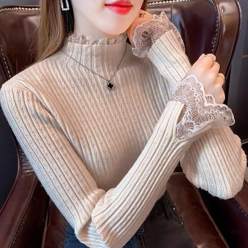 Women's Lace Stitching Half Turtleneck Sweater - Thickened Slim Fit Knitted Top for Autumn & Winter