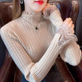 Women's Lace Stitching Half Turtleneck Sweater - Thickened Slim Fit Knitted Top for Autumn & Winter
