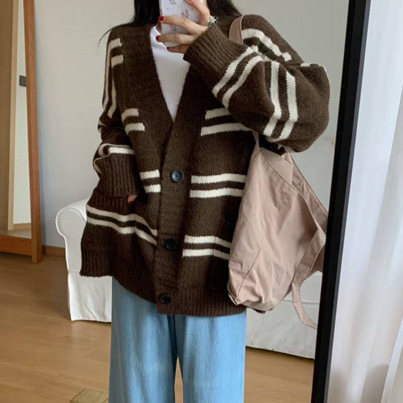 Women's Striped Loose Knit Cardigan - Autumn & Winter Lazy Style Sweater with Pockets