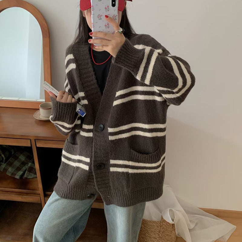 Women's Striped Loose Knit Cardigan - Autumn & Winter Lazy Style Sweater with Pockets