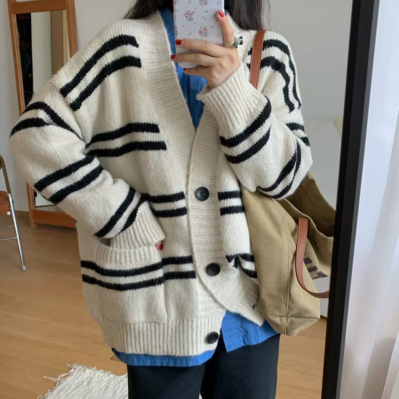 Women's Striped Loose Knit Cardigan - Autumn & Winter Lazy Style Sweater with Pockets