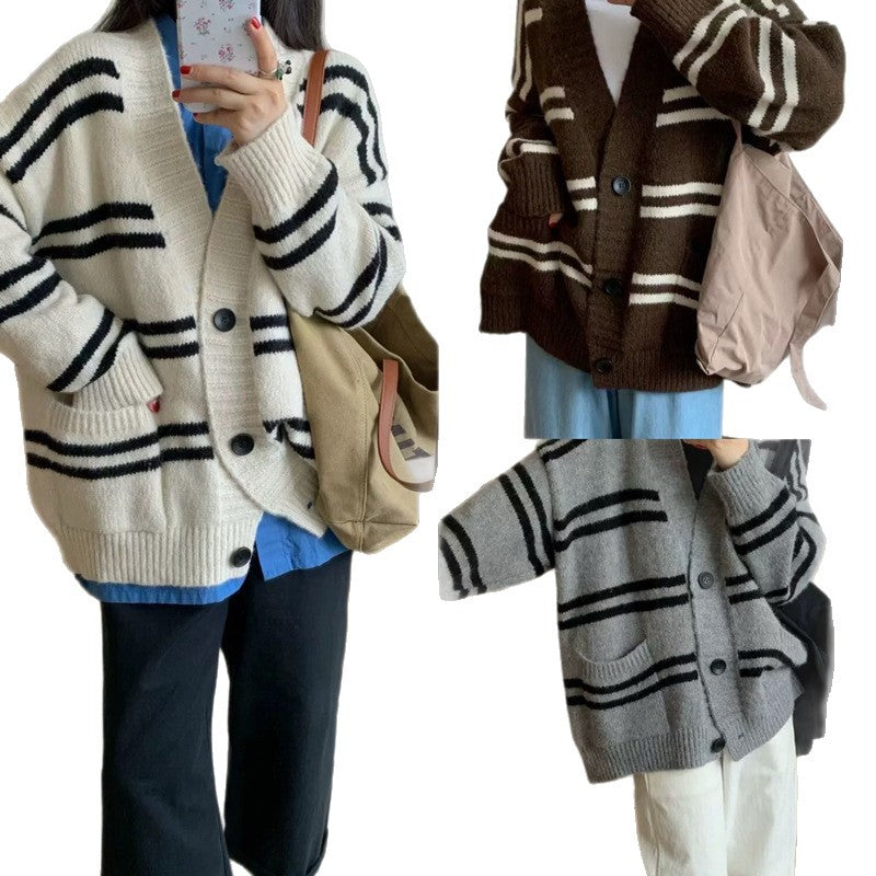 Women's Striped Loose Knit Cardigan - Autumn & Winter Lazy Style Sweater with Pockets