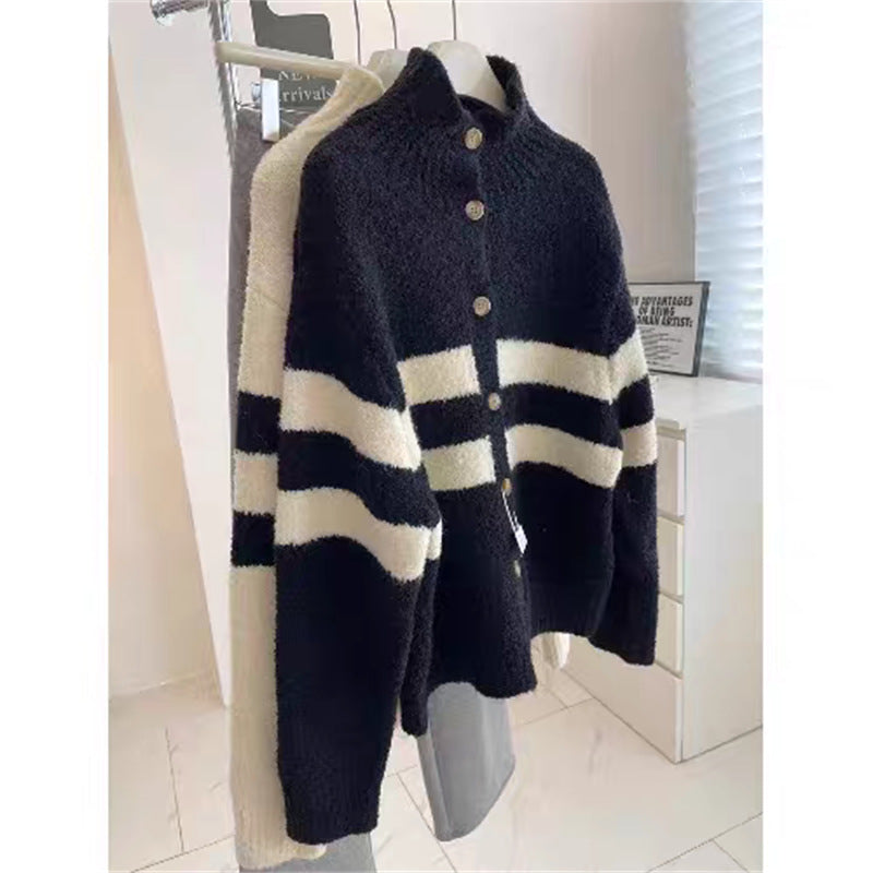 Women's High Collar Striped Knit Cardigan - Black & White Lazy Style Sweater Coat for Autumn & Winter