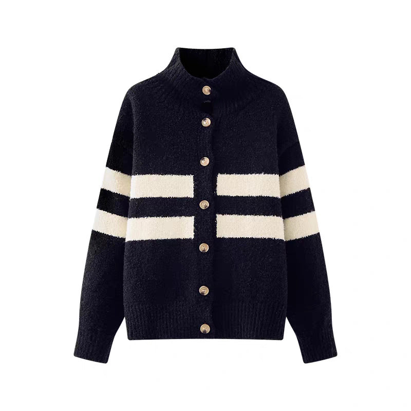 Women's High Collar Striped Knit Cardigan - Black & White Lazy Style Sweater Coat for Autumn & Winter