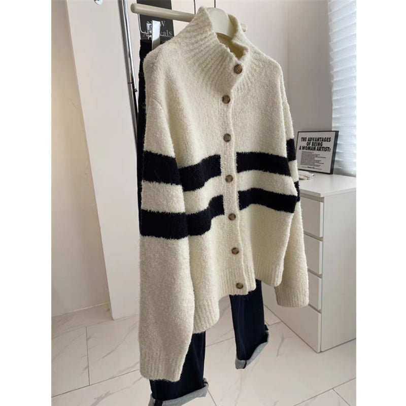 Women's High Collar Striped Knit Cardigan - Black & White Lazy Style Sweater Coat for Autumn & Winter