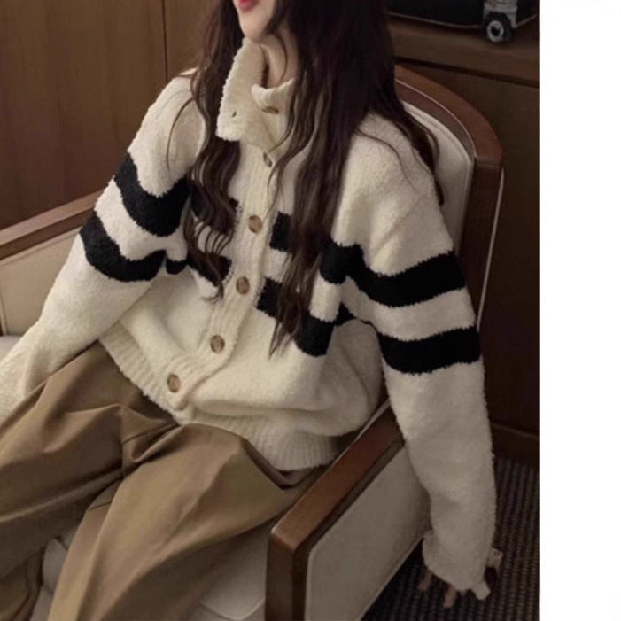 Women's High Collar Striped Knit Cardigan - Black & White Lazy Style Sweater Coat for Autumn & Winter