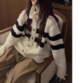Women's High Collar Striped Knit Cardigan - Black & White Lazy Style Sweater Coat for Autumn & Winter