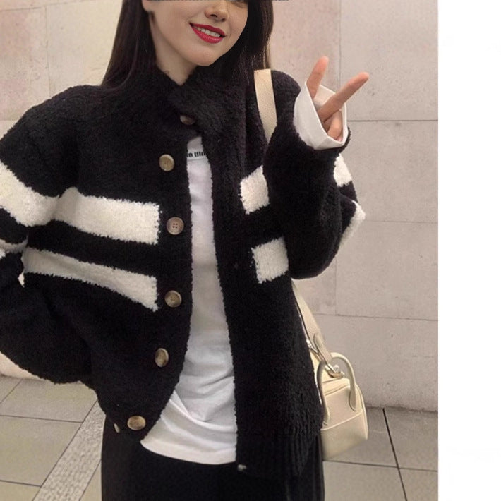 Women's High Collar Striped Knit Cardigan - Black & White Lazy Style Sweater Coat for Autumn & Winter