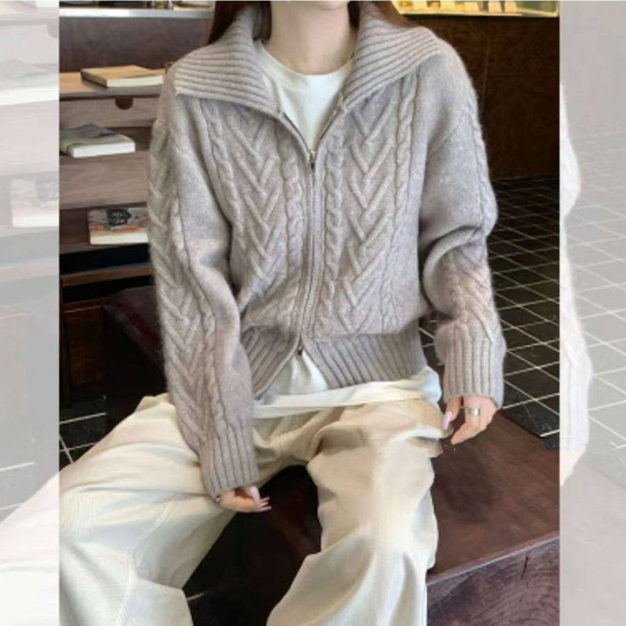 Women's Cable Knit Zipper Sweater Jacket - Thickened Lazy Style Knitted Cardigan for Autumn & Winter